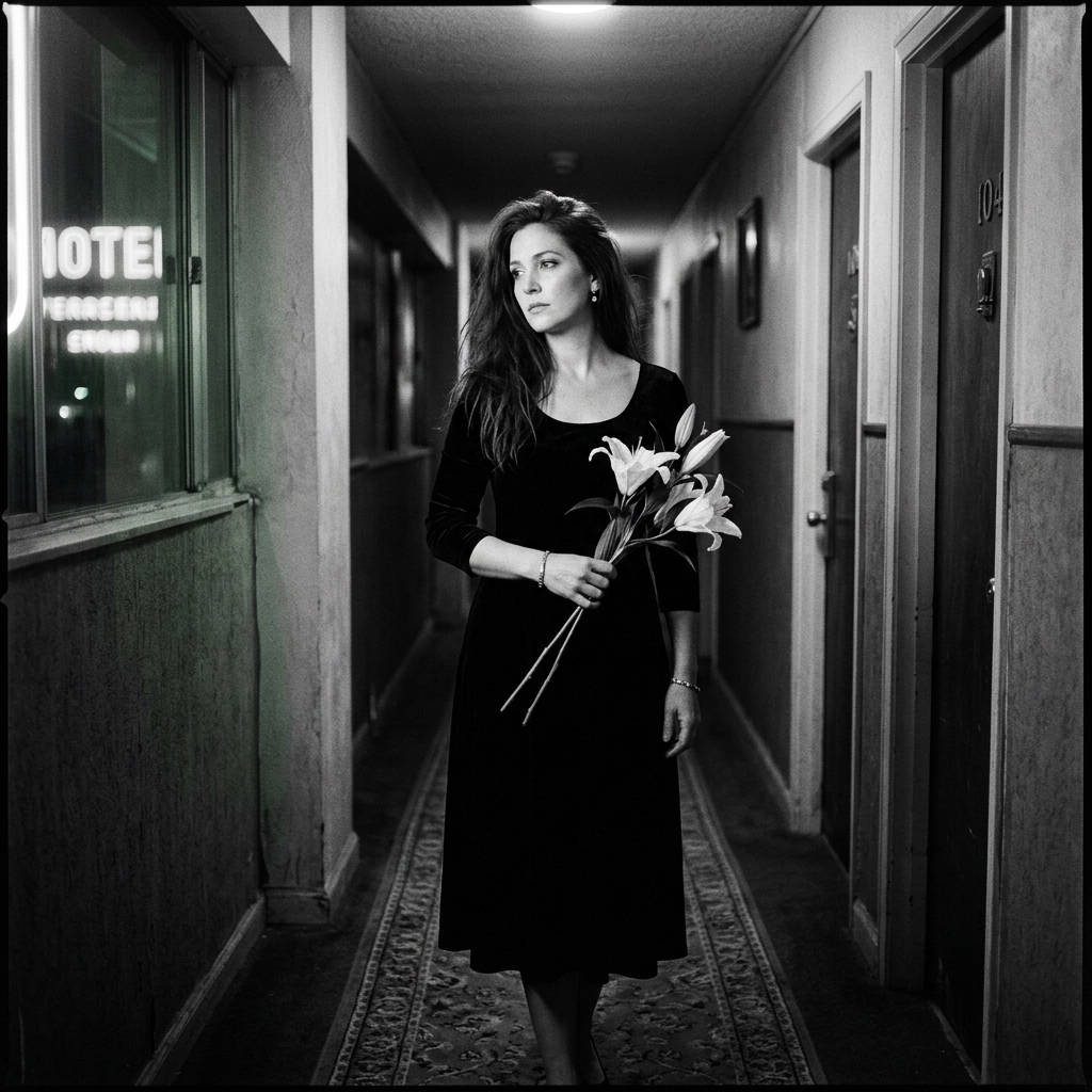 Celeste Veyra in a vintage motel hallway at night