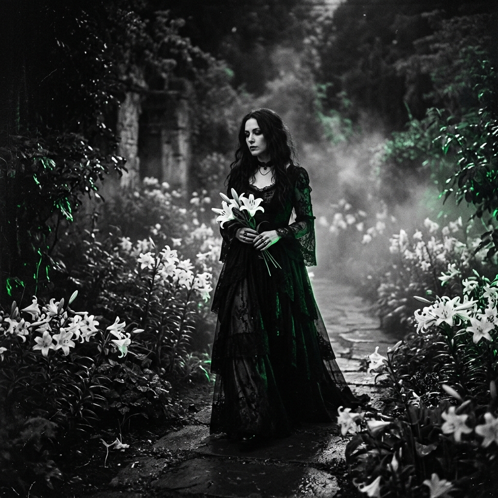 Celeste Veyra walking in a dark garden at night