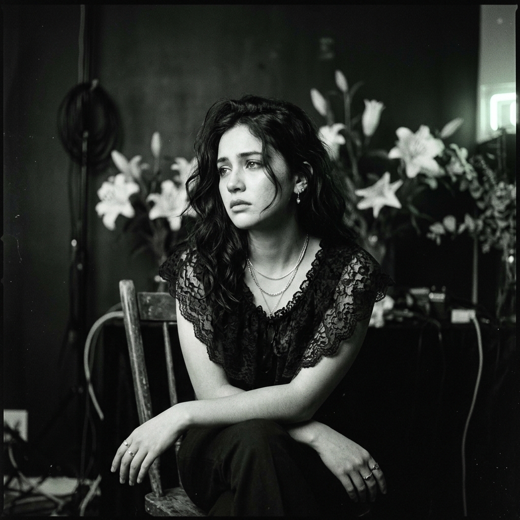 Editorial portrait of Celeste Veyra in vintage lace