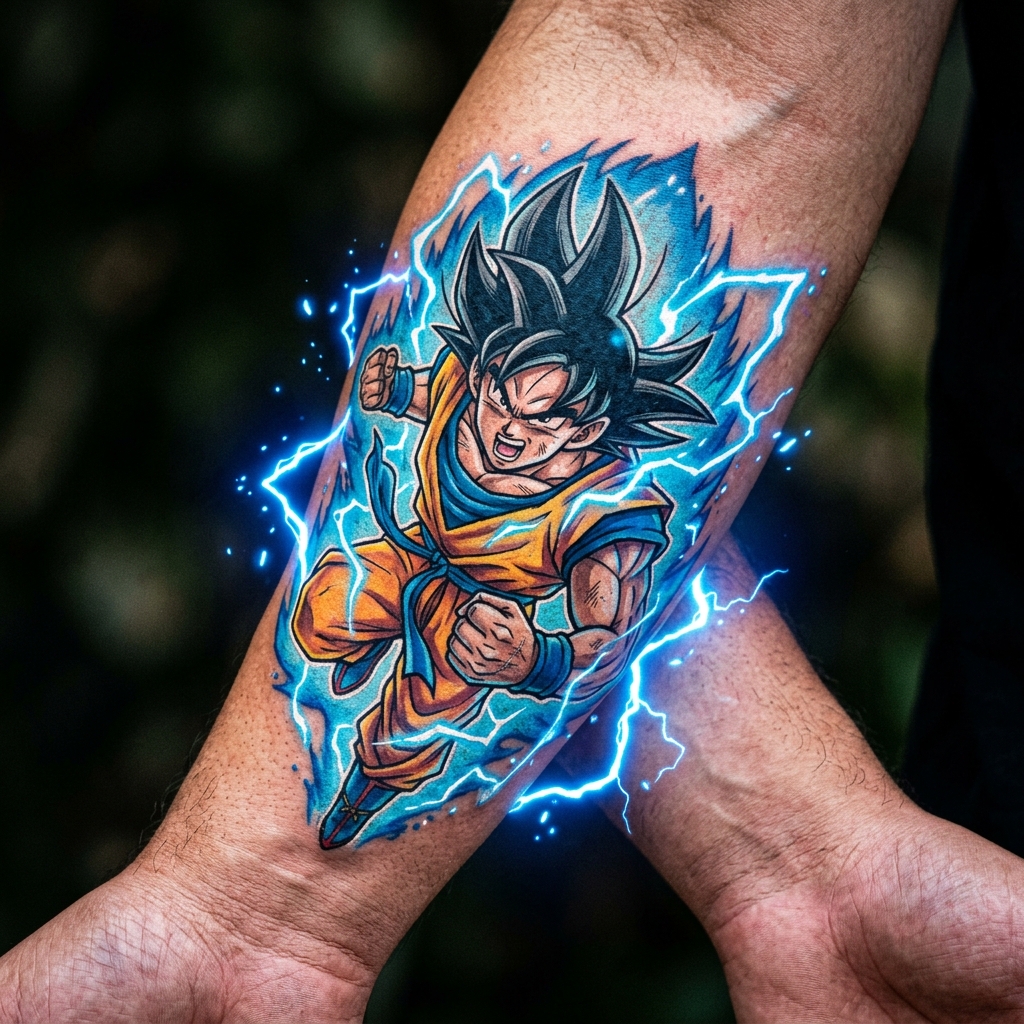 Tattoo de personagem original com energia elétrica azul
