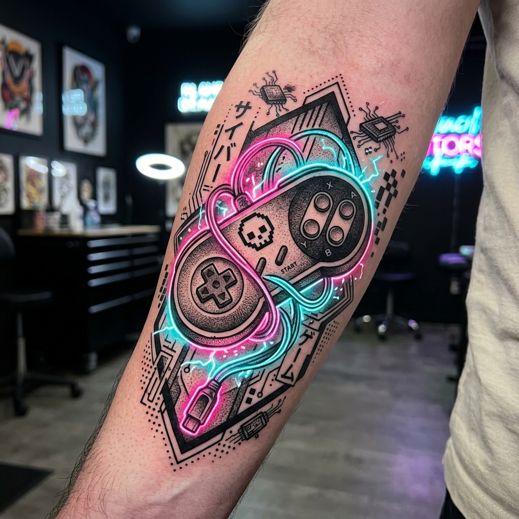 Tattoo blackwork geek de controle retro atravessado por cabos de energia neon