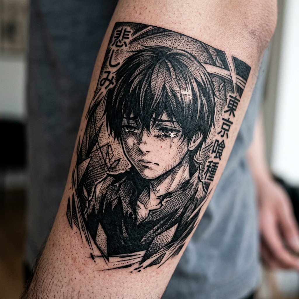 Tattoo blackwork estilo mangá com personagem sombrio e hachuras
