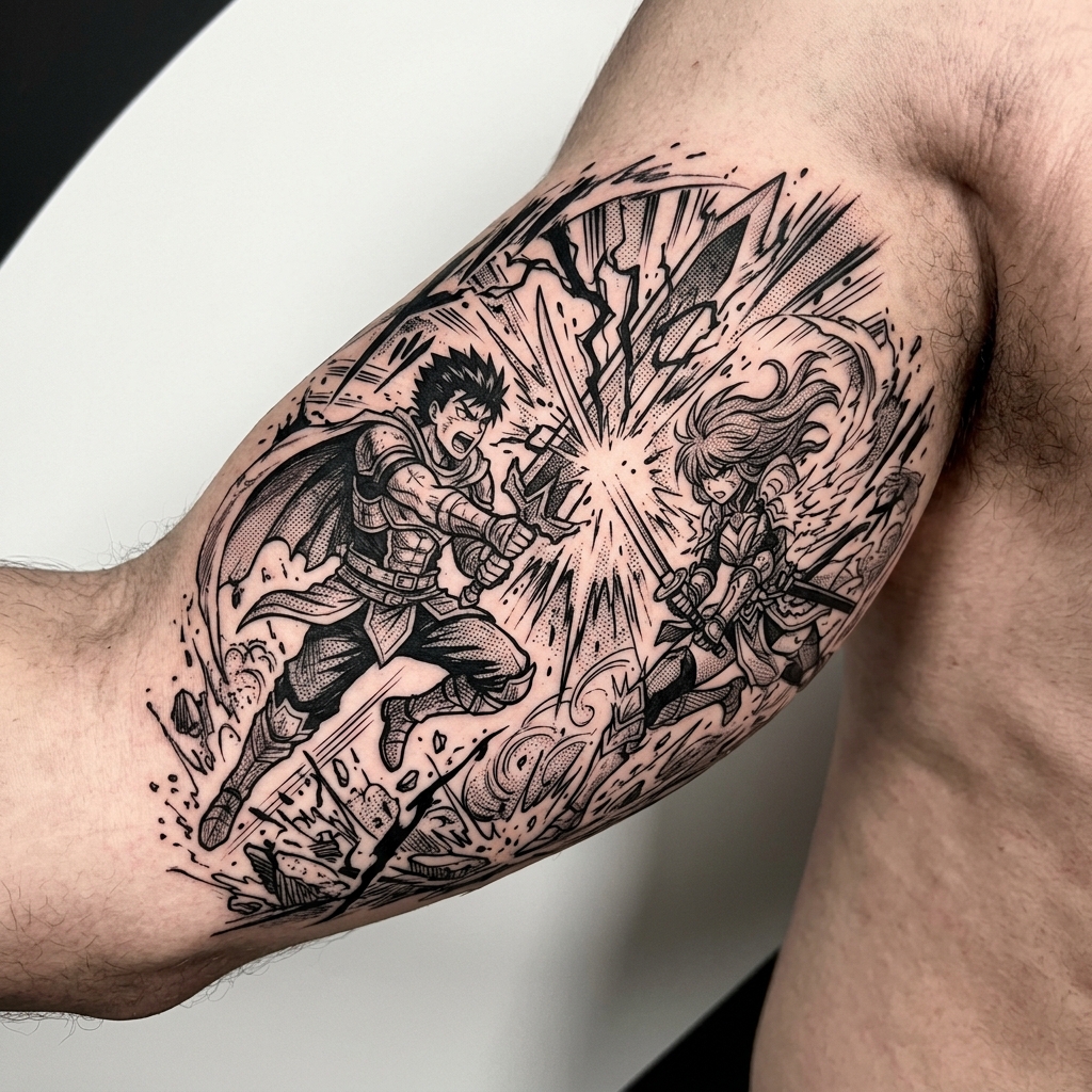 Tattoo de cena épica com personagem original em pose de batalha