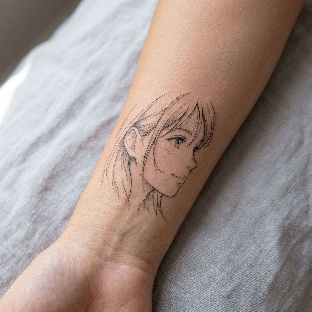 Tattoo minimalista fine line de rosto anime com detalhes delicados