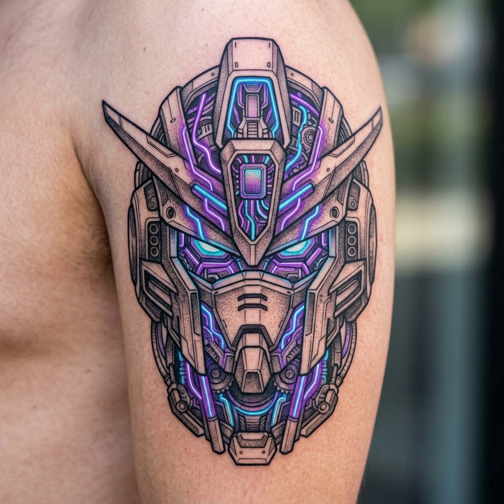 Tattoo de robô mecha com explosão colorida