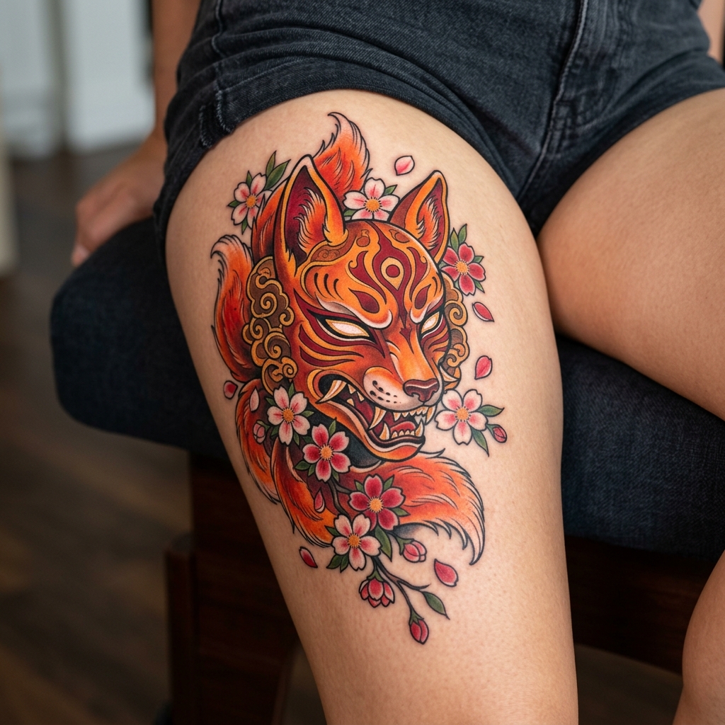 Tattoo colorida de fênix oriental com asas de neon roxo ressurgindo das cinzas
