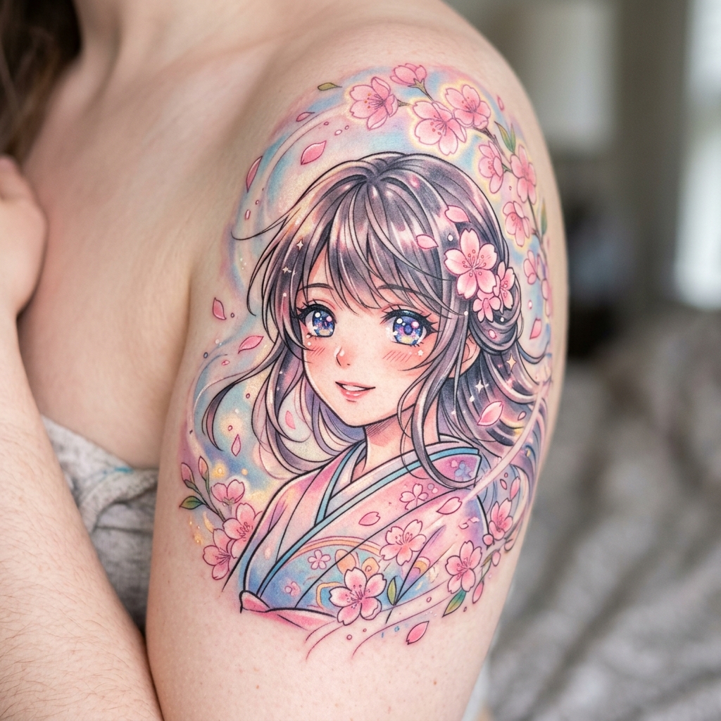 Tattoo de garota anime com olhos brilhantes e flores de cerejeira